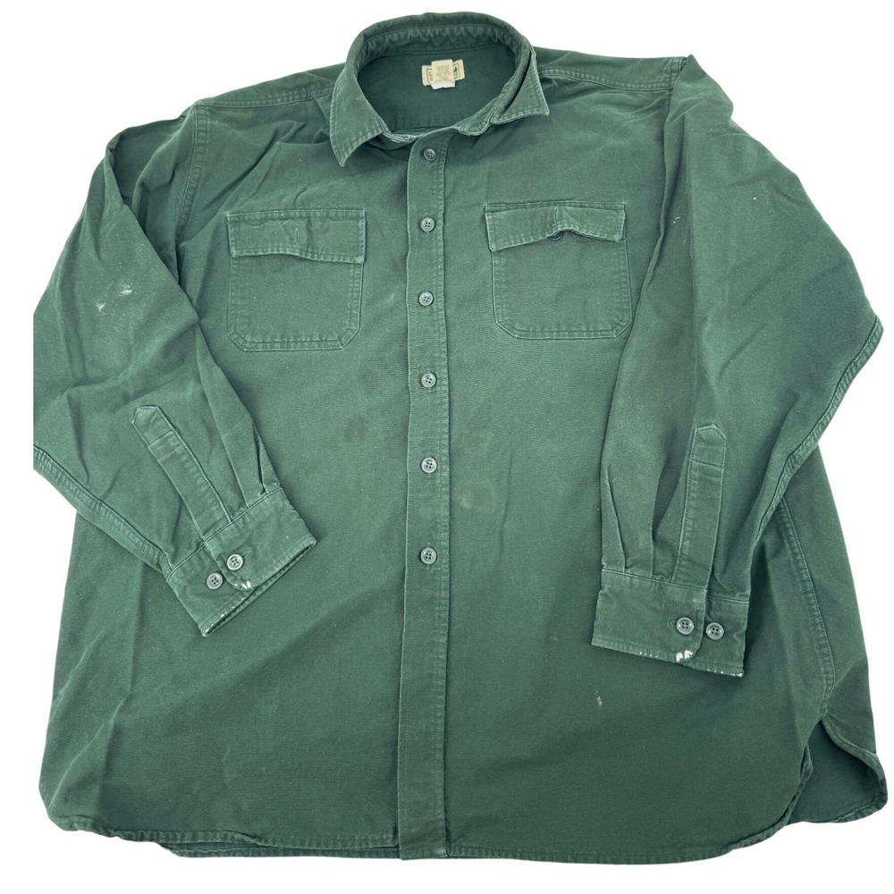 LL Bean Chamois Shirt XXL REG Green Distressed Paint ‎ Work Utility